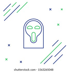 Blue and green line Funny and scary ghost mask for Halloween icon isolated on white background. Happy Halloween party. Colorful outline concept. Vector Illustration