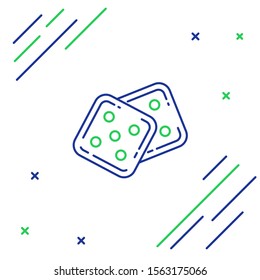 Blue and green line Game dice icon isolated on white background. Casino gambling. Colorful outline concept. Vector Illustration