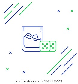 Blue and green line Game dice and glass of whiskey with ice cubes icon isolated on white background. Casino gambling. Colorful outline concept. Vector Illustration