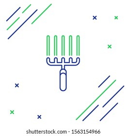 Blue and green line Garden rake in work icon isolated on white background. Tool for horticulture, agriculture, farming. Ground cultivator. Colorful outline concept. Vector Illustration