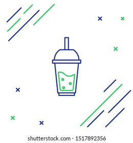 Blue and green line Glass of lemonade with drinking straw icon isolated on white background. Colorful outline concept. Vector Illustration