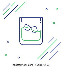Blue and green line Glass of whiskey and ice cubes icon isolated on white background. Colorful outline concept. Vector Illustration