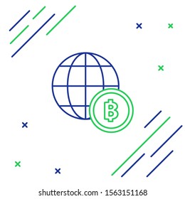 Blue and green line Globe and cryptocurrency coin Bitcoin icon isolated on white background. Physical bit coin. Blockchain based secure crypto currency. Colorful outline concept. Vector Illustration