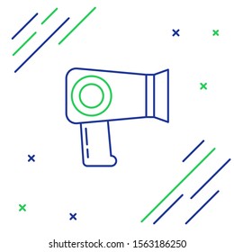 Blue and green line Hair dryer icon isolated on white background. Hairdryer sign. Hair drying symbol. Blowing hot air. Colorful outline concept. Vector Illustration