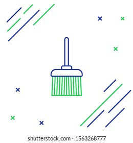 Blue and green line Handle broom icon isolated on white background. Cleaning service concept. Colorful outline concept. Vector Illustration