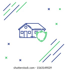 Blue and green line House under protection icon isolated on white background. Protection, safety, security, protect, defense concept. Colorful outline concept. Vector Illustration