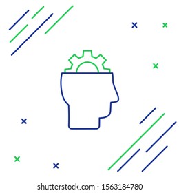 Blue and green line Human with gear inside icon isolated on white background. Artificial intelligence. Thinking brain sign. Symbol work of brain. Colorful outline concept. Vector Illustration