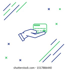 Blue and green line Human hand holding with credit card icon isolated on white background. Online payment. Pay by card. Financial operations. Colorful outline concept. Vector Illustration