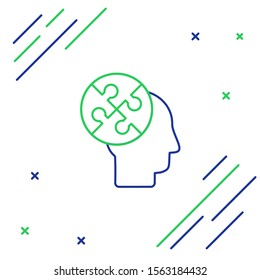 Blue and green line Human head puzzles strategy icon isolated on white background. Thinking brain sign. Symbol work of brain. Colorful outline concept. Vector Illustration