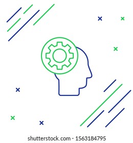 Blue and green line Human head with gear inside icon isolated on white background. Artificial intelligence. Thinking brain sign. Symbol work of brain. Colorful outline concept. Vector Illustration