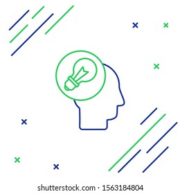 Blue and green line Human head with lamp bulb icon isolated on white background. Colorful outline concept. Vector Illustration
