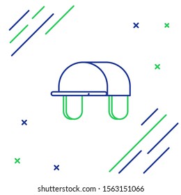 Blue and green line Hunter hat icon isolated on white background. Plaid winter hat. Colorful outline concept. Vector Illustration
