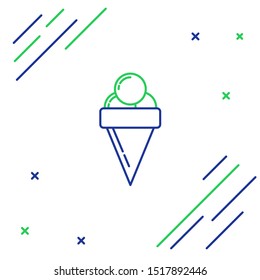 Blue and green line Ice cream in waffle cone icon isolated on white background. Sweet symbol. Colorful outline concept. Vector Illustration