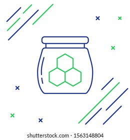 Blue and green line Jar of honey icon isolated on white background. Food bank. Sweet natural food symbol. Colorful outline concept. Vector Illustration