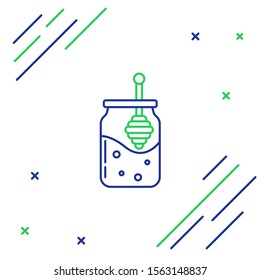 Blue and green line Jar of honey and honey dipper stick icon isolated on white background. Food bank. Sweet natural food symbol. Honey ladle. Colorful outline concept. Vector Illustration