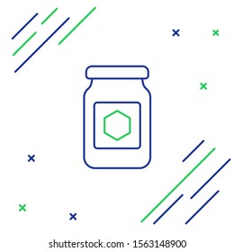 Blue and green line Jar of honey icon isolated on white background. Food bank. Sweet natural food symbol. Colorful outline concept. Vector Illustration