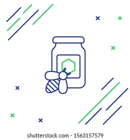 Blue and green line Jar of honey with bee icon on white background. Sweet natural food in bank. Honeybee or apis with wings symbol. Flying insect. Colorful outline concept. Vector Illustration