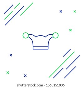 Blue and green line Jester hat with bells isolated on white background. Clown icon. Amusement park funnyman sign. Colorful outline concept. Vector Illustration
