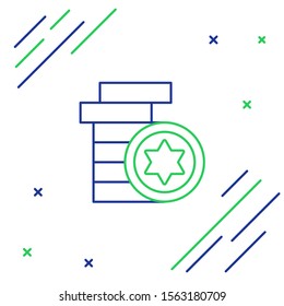Blue and green line Jewish coin icon isolated on white background. Currency symbol. Colorful outline concept. Vector Illustration