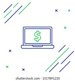 Blue and green line Laptop with dollar symbol icon isolated on white background. Online shopping concept. Earnings in the Internet, marketing. Colorful outline concept. Vector Illustration