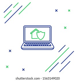 Blue and green line Laptop with house under protection icon isolated on white background. Protection, safety, security, protect, defense concept. Colorful outline concept. Vector Illustration