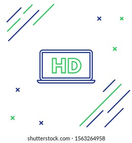 Blue and green line Laptop screen with HD video technology icon isolated on white background. Colorful outline concept. Vector Illustration