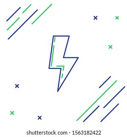 Blue and green line Lightning bolt icon isolated on white background. Flash sign. Charge flash icon. Thunder bolt. Lighting strike. Colorful outline concept. Vector Illustration