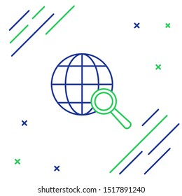 Blue and green line Magnifying glass with globe icon isolated on white background. Analyzing the world. Global search sign. Colorful outline concept. Vector Illustration