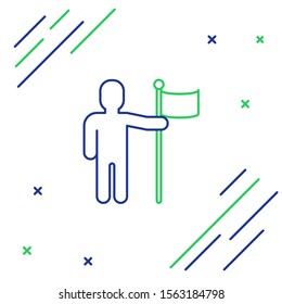 Blue and green line Man holding flag icon isolated on white background. Colorful outline concept. Vector Illustration