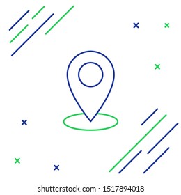 Blue and green line Map pin icon on white background. Navigation, pointer, location, map, gps, direction, place, compass, contact, search concept. Colorful outline concept. Vector Illustration
