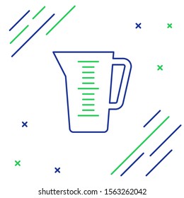 Blue and green line Measuring cup to measure dry and liquid food icon isolated on white background. Plastic graduated beaker with handle. Colorful outline concept. Vector Illustration