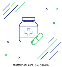 Blue and green line Medicine bottle and pills icon isolated on white background. Bottle pill sign. Pharmacy design. Colorful outline concept. Vector Illustration