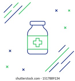 Blue and green line Medicine bottle icon isolated on white background. Bottle pill sign. Pharmacy design. Colorful outline concept. Vector Illustration