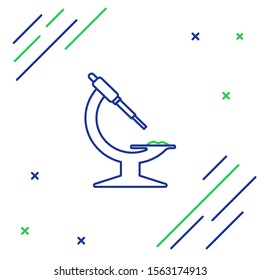 Blue and green line Microscope icon isolated on white background. Chemistry, pharmaceutical instrument, microbiology magnifying tool. Colorful outline concept. Vector Illustration
