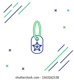 Blue and green line Military dog tag icon isolated on white background. Identity tag icon. Army sign. Colorful outline concept. Vector Illustration