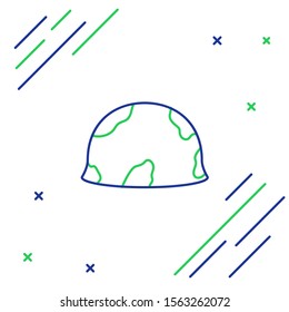 Blue and green line Military helmet icon isolated on white background. Army hat symbol of defense and protect. Protective hat. Colorful outline concept. Vector Illustration