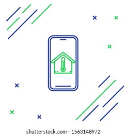 Blue and green line Mobile phone with house temperature icon isolated on white background. Thermometer icon. Colorful outline concept. Vector Illustration