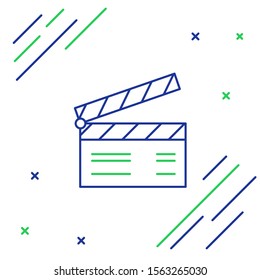 Blue and green line Movie clapper icon isolated on white background. Film clapper board. Clapperboard sign. Cinema production or media industry concept. Colorful outline concept. Vector Illustration