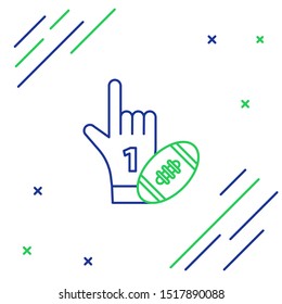 Blue and green line Number 1 one fan hand glove with finger raised and american football ball icon isolated on white background. Set of sport equipment. Colorful outline concept. Vector Illustration
