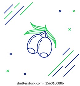 Blue and green line Olives branch icon isolated on white background. Colorful outline concept. Vector Illustration
