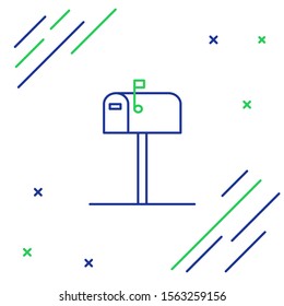 Blue and green line Open mail box icon isolated on white background. Mailbox icon. Mail postbox on pole with flag. Colorful outline concept. Vector Illustration