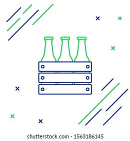 Blue and green line Pack of beer bottles icon isolated on white background. Wooden box and beer bottles. Case crate beer box sign. Colorful outline concept. Vector Illustration