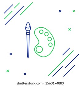 Blue and green line Paint brush with palette icon isolated on white background. Colorful outline concept. Vector Illustration