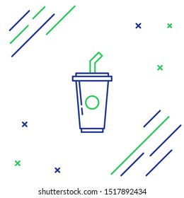 Blue and green line Paper glass with drinking straw and water icon isolated on white background. Soda drink glass. Fresh cold beverage symbol. Colorful outline concept. Vector Illustration