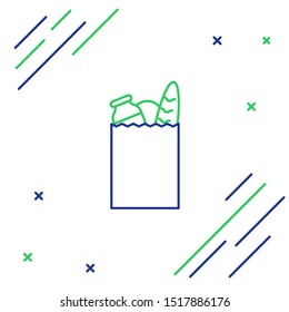 Blue and green line Paper shopping bag and food icon isolated on white background. Food store, supermarket. Colorful outline concept. Vector Illustration