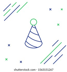 Blue and green line Party hat icon isolated on white background. Birthday hat. Colorful outline concept. Vector Illustration