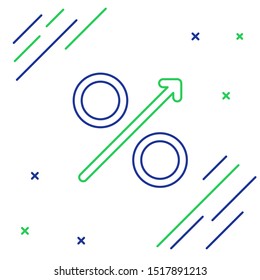 Blue and green line Percent up arrow icon isolated on white background. Increasing percentage sign. Colorful outline concept. Vector Illustration