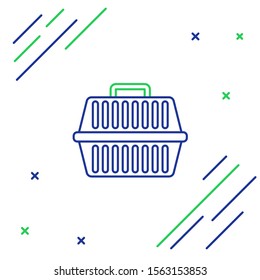 Blue and green line Pet carry case icon isolated on white background. Carrier for animals, dog and cat. Container for animals. Animal transport box. Colorful outline concept. Vector Illustration