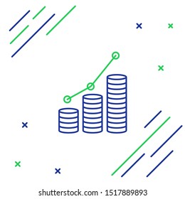 Blue and green line Pie chart infographic and coin icon isolated on white background. Diagram chart sign.  Colorful outline concept. Vector Illustration