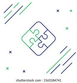 Blue and green line Piece of puzzle icon isolated on white background. Business, marketing, finance, template, layout, infographics, internet concept. Colorful outline concept. Vector Illustration